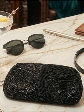 Black Beaded Wristlet Clutch (sunglass case) - Elegant Evening Accessory
